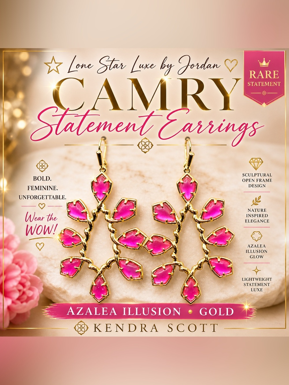 Kendra Scott Camry Statement Earrings Gold Azalea Illusion Pink Rare Bold Luxe